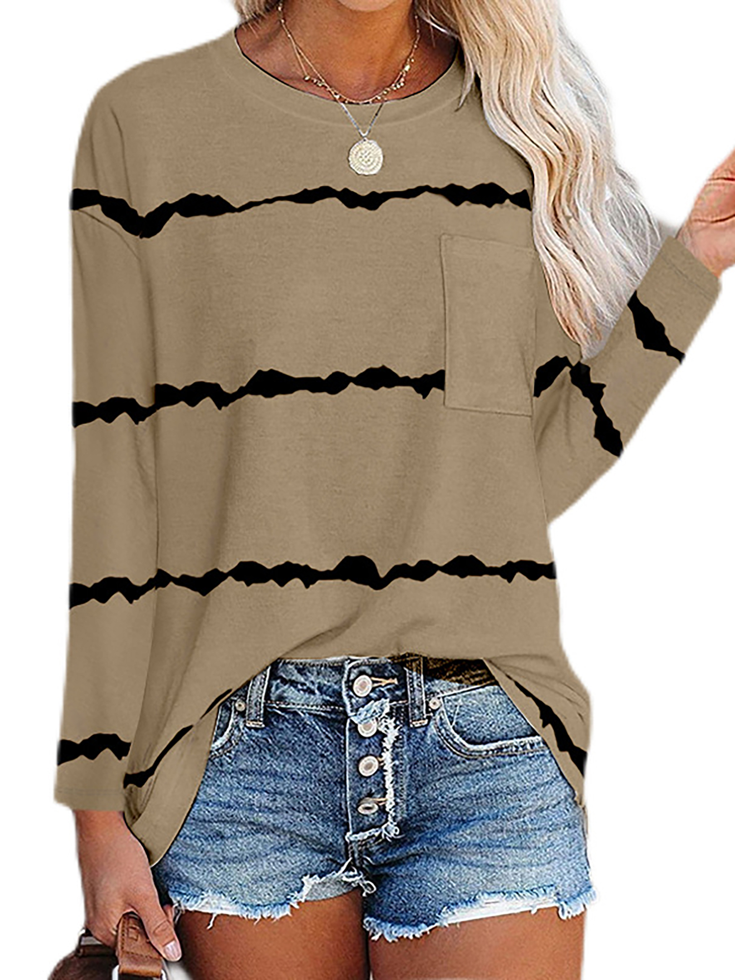 Frieed Womens Stripe Print Tops Autumn Winter Long Sleeve Round Neck Color Block Top T-Shirt Blouse 